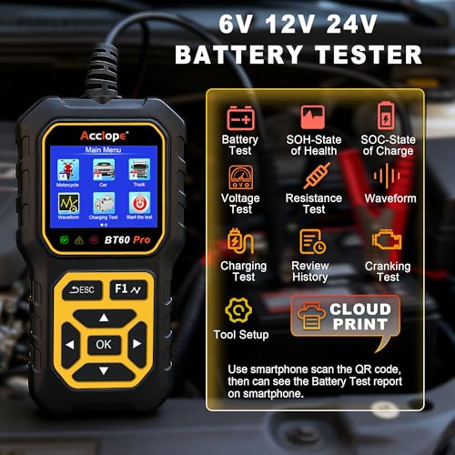 BT60 PRO Car Battery Tester 6V/12V/24V, 2–120Ah, 100–3000 CCA, AGM/Gel/Lithium, Alternator & Starter/Charging System Analyzer, QR Cloud Report (No App), Digital Analyzer - color: Black-Yellow