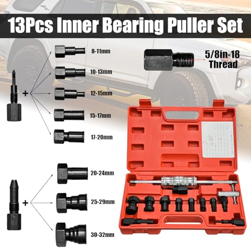 13Pcs Blind Hole Collet Bearing Puller Set, Slide Hammer Pilot Inner Bearing Removal Tool with 8-32mm Collets, Internal Bearing Extractor Puller Kit