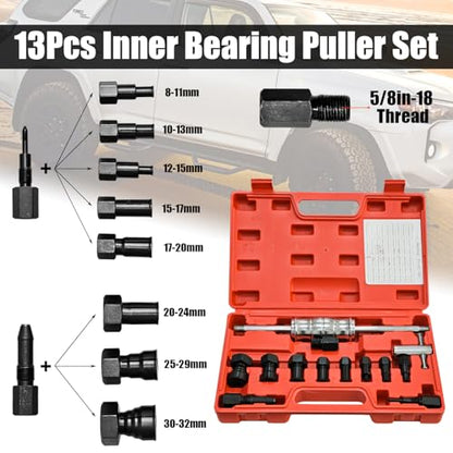 13Pcs Blind Hole Collet Bearing Puller Set, Slide Hammer Pilot Inner Bearing Removal Tool with 8-32mm Collets, Internal Bearing Extractor Puller Kit