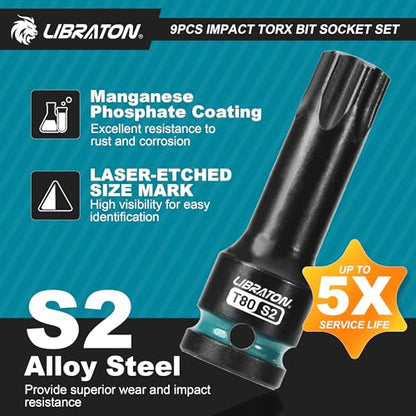 LIBRATON Impact Torx Bit Socket Set, 1/2" Drive, S2 Steel, 9PCS Impact Star Bit Socket Set (T30-T80), High Impact Torx Sockets, XPE Storage, Professional Mechanic and Automotive Repair - style: 9PCS Torx