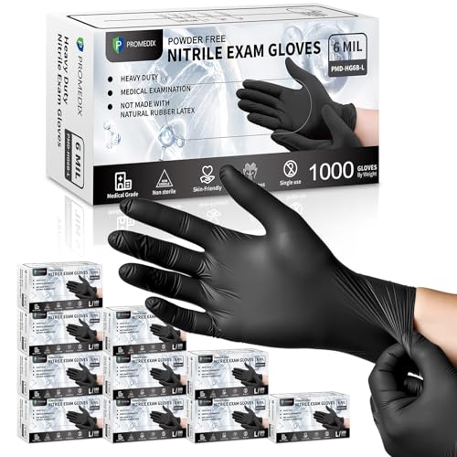 PROMEDIX P Black Disposable Nitrile Gloves, 6Mil 100 Pcs Food Safe Cooking Gloves Latex Free Rubber Gloves for Cleaning Exam - color: 1000ct, size: X-Large