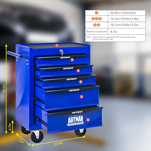 RYH 5 Drawers Rolling Tool Chest - 13" D x 20.9" W x 30.5" H Heavy Duty Mobile Tool Cart with Locking Wheels & Ball Bearing Drawers, Garage Tool Storage Cabinet (Blue, 5 Drawers) - color: Blue-black, size: 5 Drawers（30"H × 20"W × 13"D)