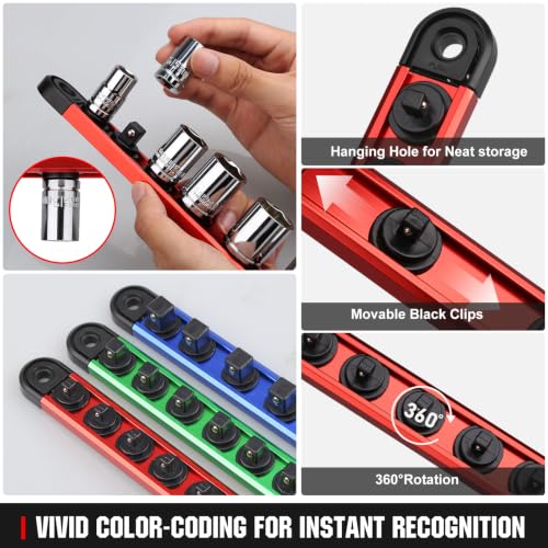 Magnetic Socket Organizer Set | 1/4" 3/8" 1/2" Socket Rail with 120 Clips | 9PCS Aluminum Alloy Socket Holder | Ratchet Organizer & Socket Organizer for Tool Box Drawer|Garage and Tool Cart - size: 9 PCS