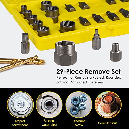 Topec Bolt Extractor Kit, 29 Piece Screw Extractor and Left Hand Drill Bit Set, Easy Out Stripped Lug Nut Remover Socket for Stripped, Damaged, Rounded-Off, Rusted Bolts, Nuts & Screws - size: 29-piece