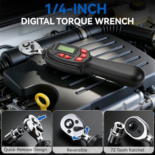DISEN 1/4 inch Digital Torque Wrench Set with 13pcs Sockets & Extension Bar, 5-25 N.m / 3.7-18.4 Ft.lb, ±2% Accuracy, 3 Modes (Track/Peak/Pre), 5 Units, LED & Buzzer, for Auto Motorcycle Bike DIY - size: 1/4 inch