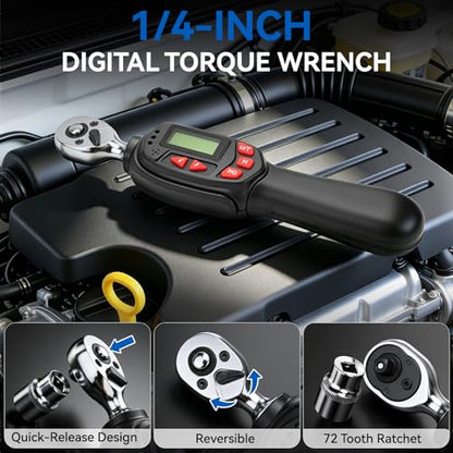 DISEN 1/4 inch Digital Torque Wrench Set with 13pcs Sockets & Extension Bar, 5-25 N.m / 3.7-18.4 Ft.lb, ±2% Accuracy, 3 Modes (Track/Peak/Pre), 5 Units, LED & Buzzer, for Auto Motorcycle Bike DIY - size: 1/4 inch