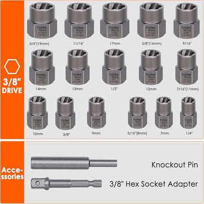 18-Piece Bolt Extractor Kit, 3/8" Drive Impact Bolt & Nut Remover Set | for Damaged, Rusted, Rounded-Off, Stripped Fasteners, 7-19mm, Cr-Mo Steel, Laser-Etched Marking, Socket Adapter, Storage Case - size: 18-Piece