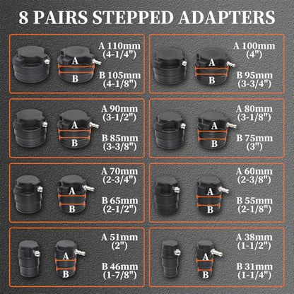 19PCS Turbo System Leakage Tester Kit, Turbo Boost Leak Tester with 8 Pairs of Stepped Adapters (1-1/4'' to 4-1/4'') Air Pressure Gauge Cooling System Radiators Intercoolers Hose Leaks Test - size: 19pcs