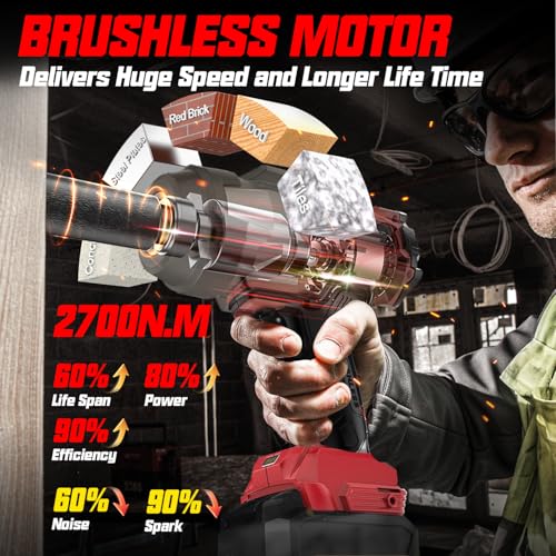 Cordless Impact Wrench Compatible with Milwaukee 18V Battery, 3/4'' 2000FT-LBS 2700N.m High Torque Impact Driver, Brushless Impact Gun w/ 4 Speed Modes & LED Light for Car, Home, Outdoor - size: 3/4" Compatible with Milwaukee 2700N
