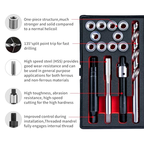 M8X1.0 Thread Repair Kit with Insert HSS Drill, Tap, Counterbore, Installation Driver, Metric, 10PCS Stainless Steel Insert M8X1.0X11.7MM