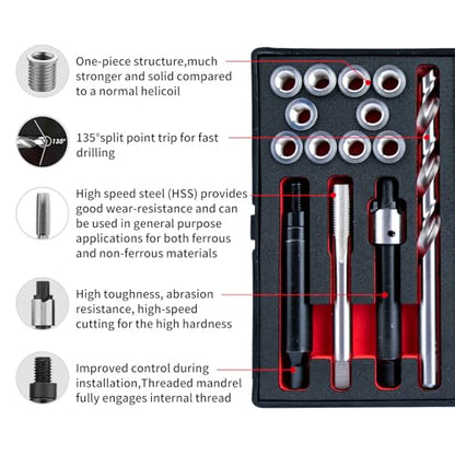 M8X1.0 Thread Repair Kit with Insert HSS Drill, Tap, Counterbore, Installation Driver, Metric, 10PCS Stainless Steel Insert M8X1.0X11.7MM