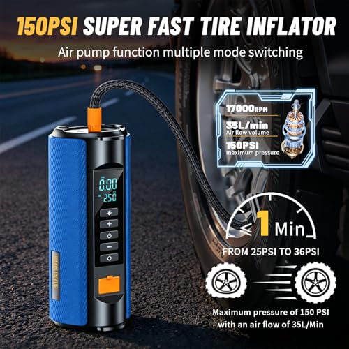 Car Battery Jump Starter with Air Compressor, 2500A Car Jumper Starter Portable150PSI, Battery Jumper Starter Portable Jump Box for Car Battery with 600LM,Jumper Cables, LCD Display | Car Jumper Starter, Portable Battery Jumper Starter Portable Jump Box f