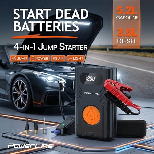 PowerLine Car Battery Jump Starter with Air Compressor - 4-in-1 Pump & Jump 1200A Car Battery Jumper with Tire Inflator, 3 USB Charging Ports & LED Light - Up to 5.2L Gas & 3.5L Diesel Trucks, 120 PSI