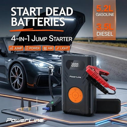 PowerLine Car Battery Jump Starter with Air Compressor - 4-in-1 Pump & Jump 1200A Car Battery Jumper with Tire Inflator, 3 USB Charging Ports & LED Light - Up to 5.2L Gas & 3.5L Diesel Trucks, 120 PSI