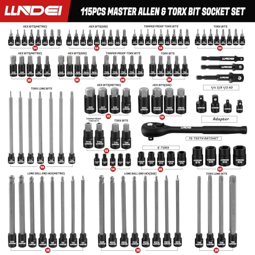 LLNDEI 115-Piece Torx & Allen Bit Socket Set, 1/4",3/8"and 1/2" Drive, Extra Long Torx//Tamper Proof Torx/Hex/Ball End Hex Socket Set, S2 Steel, SAE/Metric, with Ratchet Wrench & Adapters