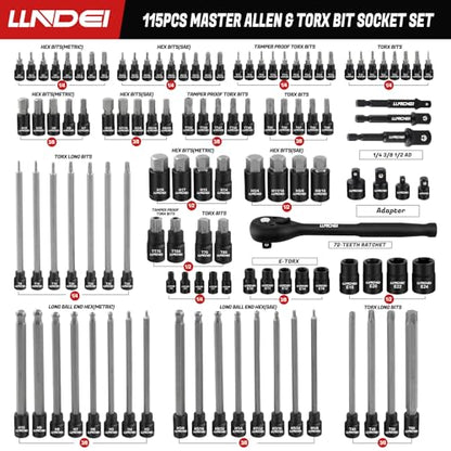 LLNDEI 115-Piece Torx & Allen Bit Socket Set, 1/4",3/8"and 1/2" Drive, Extra Long Torx//Tamper Proof Torx/Hex/Ball End Hex Socket Set, S2 Steel, SAE/Metric, with Ratchet Wrench & Adapters