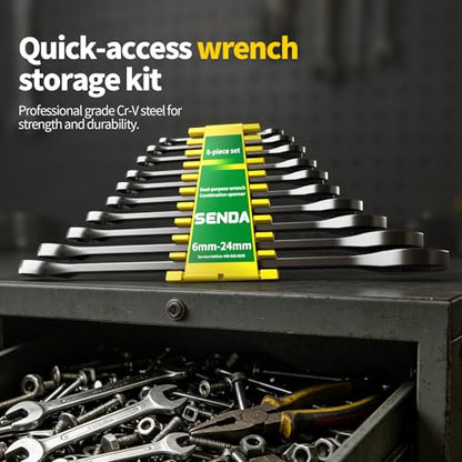 SENDA 10 Piece Metric Combination Wrench Set, Black Electrophoresis Finish Open End & 12-Point Box End Wrenches with Plastic Clip Organizer, Sizes 6mm-24mm for Automotive, Industrial, Home DIY Repair