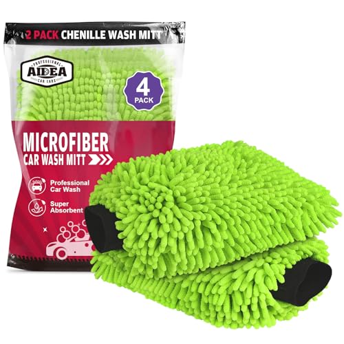AIDEA Car Wash Mitt Microfiber, 4PK,Car Wash Brush, Green 8''X12'' | Scratch Free Lint-Free, Premium Chenille Microfiber Mitt, Cleaning Supplies, Extra Large Size - color: Green, size: 4PK-8''X12''