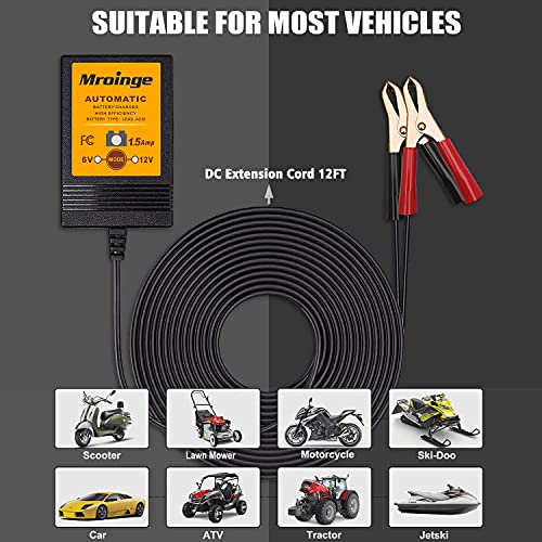 Smart Battery Charger, Mroinge 6V / 12V 1.5A Fully Automatic Trickle Charger/Maintainer for Motorcycle, ATV, Lawnmowers and More