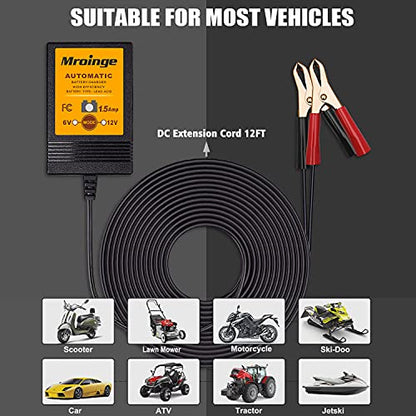 Smart Battery Charger, Mroinge 6V / 12V 1.5A Fully Automatic Trickle Charger/Maintainer for Motorcycle, ATV, Lawnmowers and More