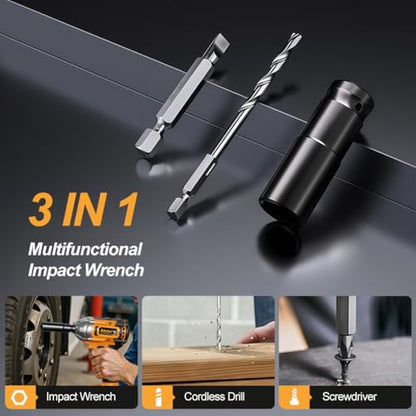 Brushless Impact Wrench 3-in-1 500N.m(369Ft-lbs) Torque Wrench 1/2 Drive with 2.0Ah Battery, 8 Drill Bits, 6 Screwdriver Bits, 4 Sockets, Cordless Impact Gun for automotive Repair and DIY