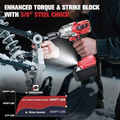 Cerycose Cordless Impact Wrench 3/8" Compatible with Milwaukee 18V Battery, 600Ft-lbs (800N·m), Brushless Electric Impact Driver, 2400 RPM, LED Light – Compact, Light-Duty(No Battery) - color: Red (600 Ft-lbs)