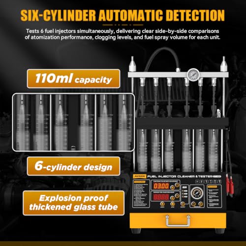 AUTOOL CT450 Fuel Injector Tester & Cleaner, 6-Cylinder Ultrasonic Injector Cleaning Machine with Heating, GDI EFI FSI Compatible, 3 Cleaning Modes & 10 Test Functions, 12V/70V/120V Output