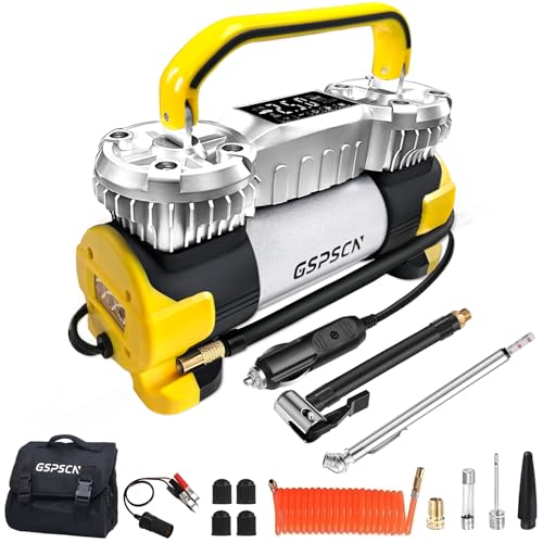 GSPSCN Digital Tire Inflator 12V Heavy Duty Metal Portable Air Compressor | 6X Faster Inflation Auto Shut-off Dual Cylinder Air Pump 150PSI LED Light w/Pencil Pressure Gauge for Car,Pickup,SUV,RV,Balls - color: Yellow