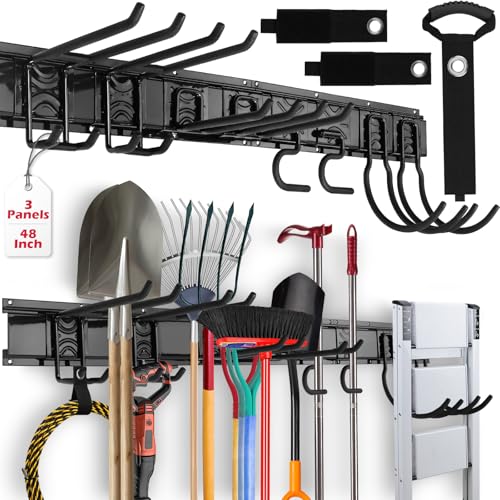 SEDY 48" Heavy Duty Garage Wall Organizer, Wall Mount Tool Storage Rack with Adjustable Hooks, Garden Tool Organizer Hold Up to 300lbs, Easy Installation (3 Panels, 8 Hooks, 3 Straps) - style: 48" Garage Wall Organizer (3 Panels, 8 Hooks, 3 Straps)
