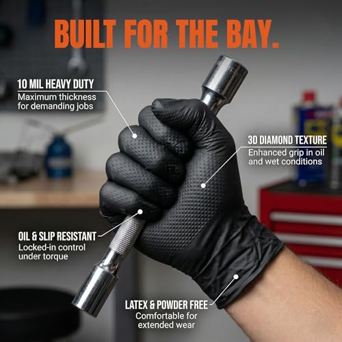 10 Mil Heavy-Duty Black Nitrile Gloves, Diamond Grip, Mechanic Grade, Latex & Powder Free, 1000 Count Bulk - size: X-Large