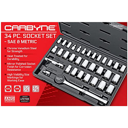 Carbyne 34-Piece 1/4 and 3/8 in. Drive Socket and Ratchet Set, SAE and Metric, CrV Steel, 72-Tooth Ratchets, 6 and 12 Point Sockets, Compact Storage Case