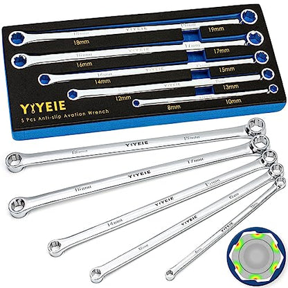 YIYEIE 5-Piece Extra Long Box End Wrench Set, Metric 8mm-19mm, 6 Point Extended Bolt Extractor Wrench, CR-V Labor-Saving Aviation Spanner with EVA Foam - color: Extra Long | Extractor Wrench