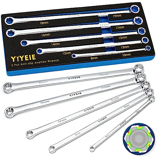 YIYEIE 5-Piece Extra Long Box End Wrench Set, Metric 8mm-19mm, 6 Point Extended Bolt Extractor Wrench, CR-V Labor-Saving Aviation Spanner with EVA Foam - color: Extra Long | Extractor Wrench