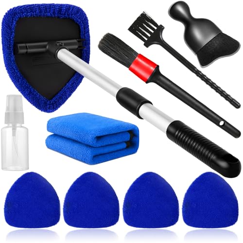Qydipclin 10pcs Windshield Cleaning Tool Inside Car Window Cleaner Wash Kit with 4 Reusable Microfiber Pads 1 Spray Bottle and Extendable Handle Interior Auto Glass Wiper Kit, Blue - color: Blue