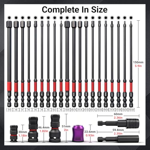 6-Inch Long Screwdriver Bit Set, 63-Pcs Impact Screwdriver Bits Set, Magnetic S2 Steel, 1/4" Hex Shank, Torx/Phillips/Hex/Nut Driver Bits with Organized Storage Case