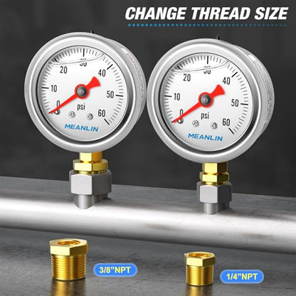 MEANLIN MEASURE 0~60Psi Stainless Steel 1/8" NPT 1.5" FACE DIAL, Glycerin Filled Pressure Gauge, Liquid Filled, Water Oil Air, Lower Mount, with 1/4" NPT and 3/8" NPT Hex Bushing - size: 0-60Psi