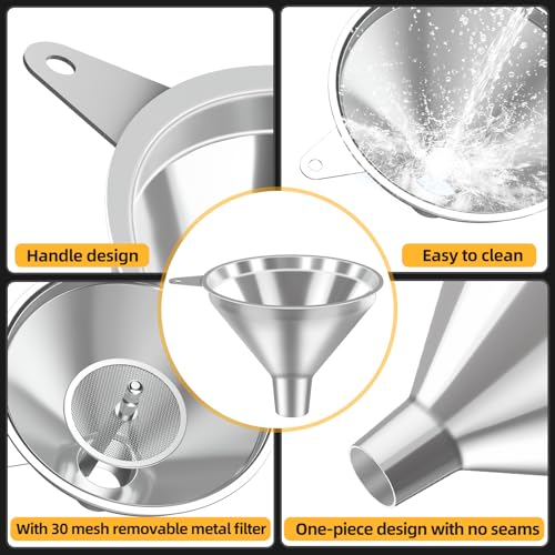 Serinar 3-Piece Stainless Steel Kitchen Funnel Set for Kitchen Bottle Filling, 2 Funnel Sizes and 1 Strainer for Oils, Liquids, Fluids, Dry Ingredients and Powders, Durable, Washable