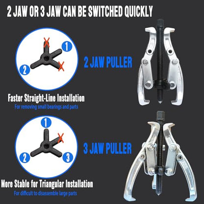 8 in 1 Gear Puller Set, 3" 4" 6" 8" Bearing Pulley Puller Kit, Cr-V Steel 2 Jaw & 3 Jaw Gear Puller with Reversible Jaws, 72Pcs Puller Set for Bearing Gear Pulley Flywheel Removal - size: 72pcs puller
