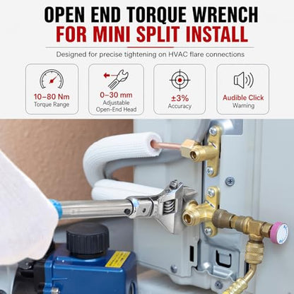 Open End Torque Wrench for Mini Split Installation, 10–80 Nm HVAC Torque Wrench with Adjustable 0–30 mm Head and Click Warning for Flare Nut Connections