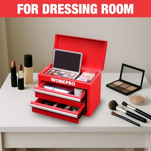 WORKPRO Metal Mini Tool Box with 2 Drawers and Top Storage | Cold Rolled Steel Toolbox, Ball Bearing Slides, PVC Drawer Liners, PP Feet Pads, Durable Storage - color: Red