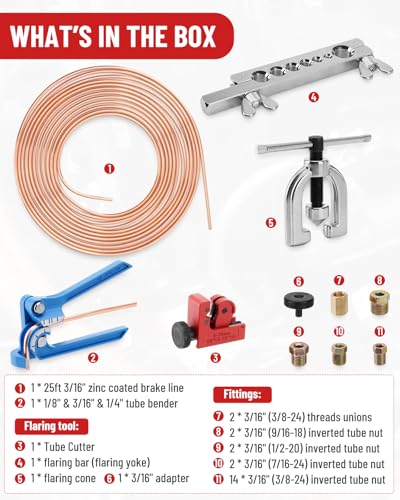 25 ft 3/16in Copper Coated Brake Line Flaring Tool Kit, Includes 3-in-1 Tube Bender, Double & Single Flaring Tool Set, 1 Tube Cutter, 2 Threads Unions, 20 Fittings - color: 3/16 in Copper Coated