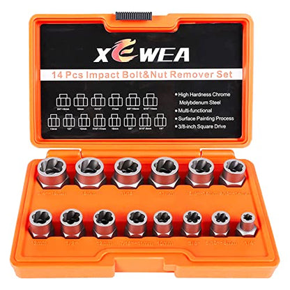 XEWEA 14PCS 3/8" Drive Impact Bolt Nut Extractor Set | Professional Stripped Bolt Remover Socket Set, Easy out Tools For Removing Damaged Broken Rounded Off Bolt & Nut, Cr-Mo Steel - size: 14PCS