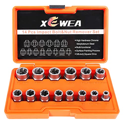 XEWEA 14PCS 3/8" Drive Impact Bolt Nut Extractor Set | Professional Stripped Bolt Remover Socket Set, Easy out Tools For Removing Damaged Broken Rounded Off Bolt & Nut, Cr-Mo Steel - size: 14PCS