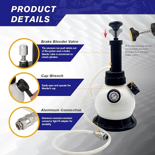 2L Manual Brake Bleeder Kit with Vacuum Pump - 1L Waste Bottle, Upgraded Master Cylinder Adapters & 2 Brake Hoses, One-Person Operation Brake Fluid Bleeding Tool for Most Vehicles (2L)