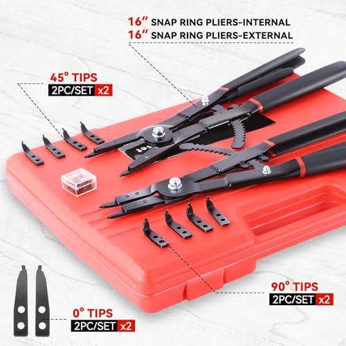 Auto Dynasty 16" Snap Ring Pliers Set 2pcs Heavy Duty Circlip Pliers Tools Internal External with 0° 15° 45° 90° Tips and Various Angled Tips - style: 2pc Plier Long Reach