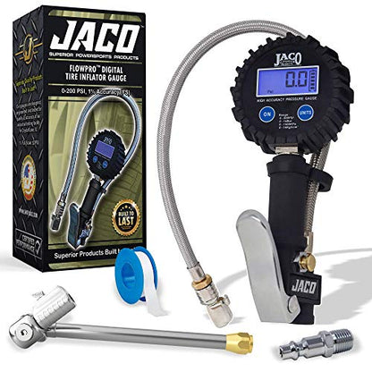 JACO FlowPro Digital Tire Inflator Gauge (200 PSI) with Lock-on Dually Air Chuck (Bundle Kit)