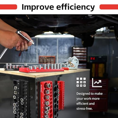 MaxWorks 6-Piece Magnetic Socket Organizer Set SAE & Metric 1/4" 3/8" 1/2" Drive Holders with Strong Magnetic Base for Toolbox & Garage Storage 51080