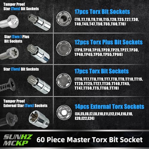 SUNHZMCKP 60PCS Master Torx Socket and External Torx Plus Security Star Bit | 1/4", 3/8", 1/2" Drive Socket Bit, Female E Sockets E4-E24, Star Socket Bits T6-T70, TT6-TT70, TP8-TP60, CR-V&S2 Alloy Steel - color: 60 Piece Torx Bit Socket Set