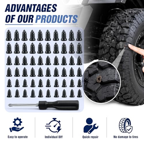 TEAWOO 60 PCS Tire Repair Rubber with 1 Screwdriver, Quick Tire Repair Screws in Tire Plugs Kit, Specially Designed for Motorcycle Truck Tractor and Car Tire Repair Kit(3 Sizes)