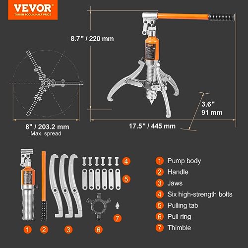 VEVOR Hydraulic Gear Puller, 5 Ton Max Capacity Wheel Bearing Pulling Separator, 2 or 3 Jaws Puller, Vertically and Horizontally, 8" Jaw Hydraulic Puller with Case for Pulling Hubs - style: 5 Ton